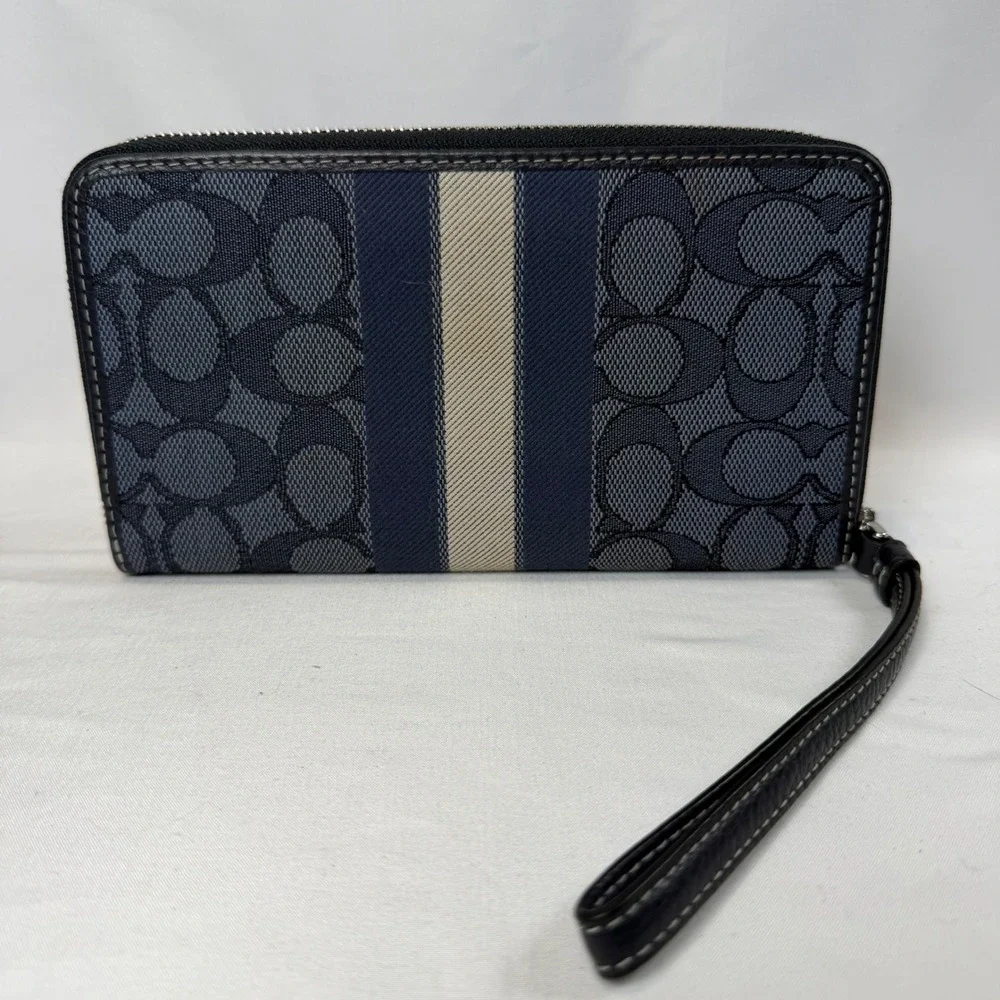 Coach Accordion Zip Wallet Womens OS Navy Blue Signature Jacquard Dempsey